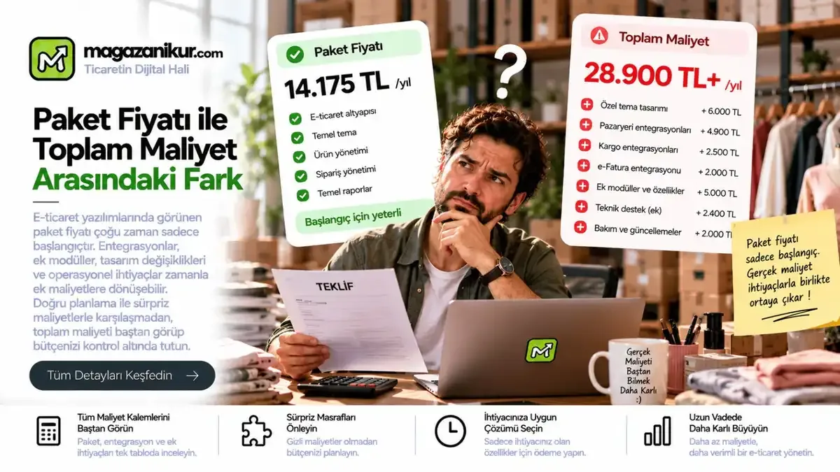 E-ticaret paketi seçerken yalnızca lisans fiyatına değil, operasyonel iş yükü ve gizli entegrasyon maliyetlerine odaklanın.
