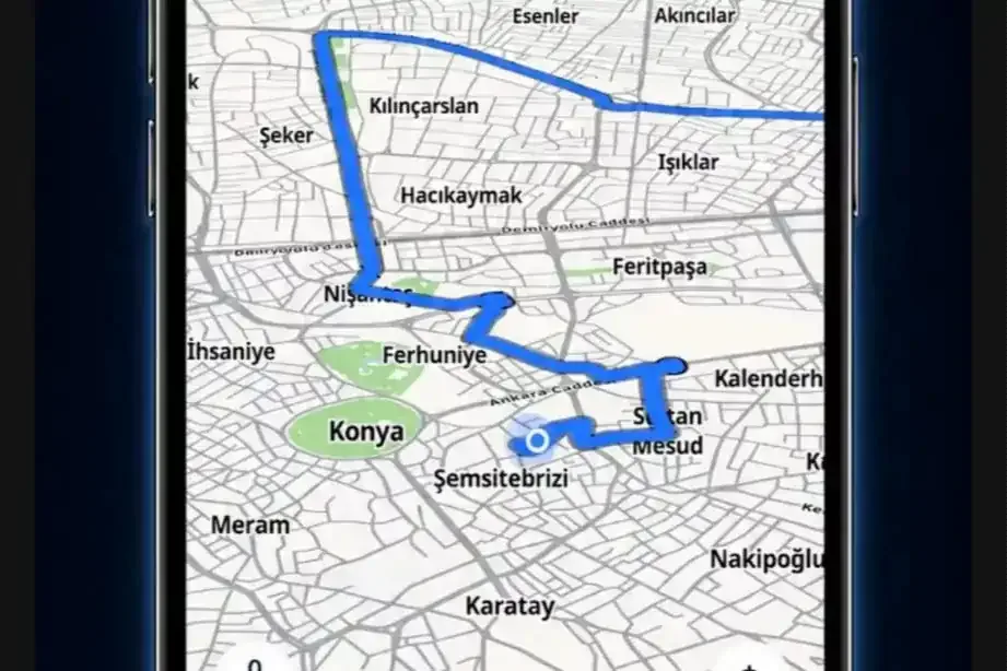Konya'nın bisiklet yollarını gösteren mobil uygulama ekranı.